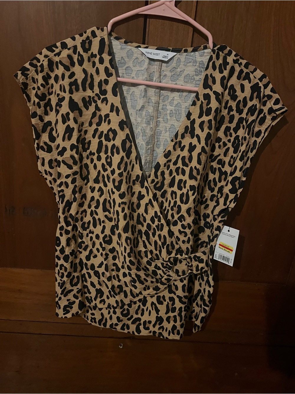 Nine West Black and Beige Leopard Print Wrap Blouse